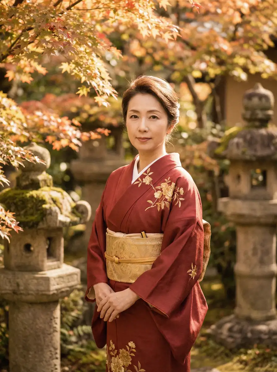 一位身穿暗红色和服的优雅 夏晴子 在日式庭院中