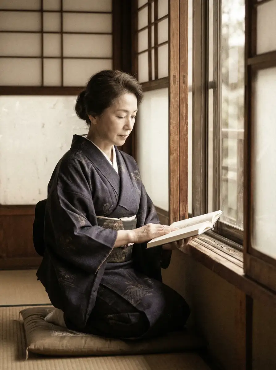 一位优雅的五十岁 夏晴子 身穿深蓝色和服，在窗边静读