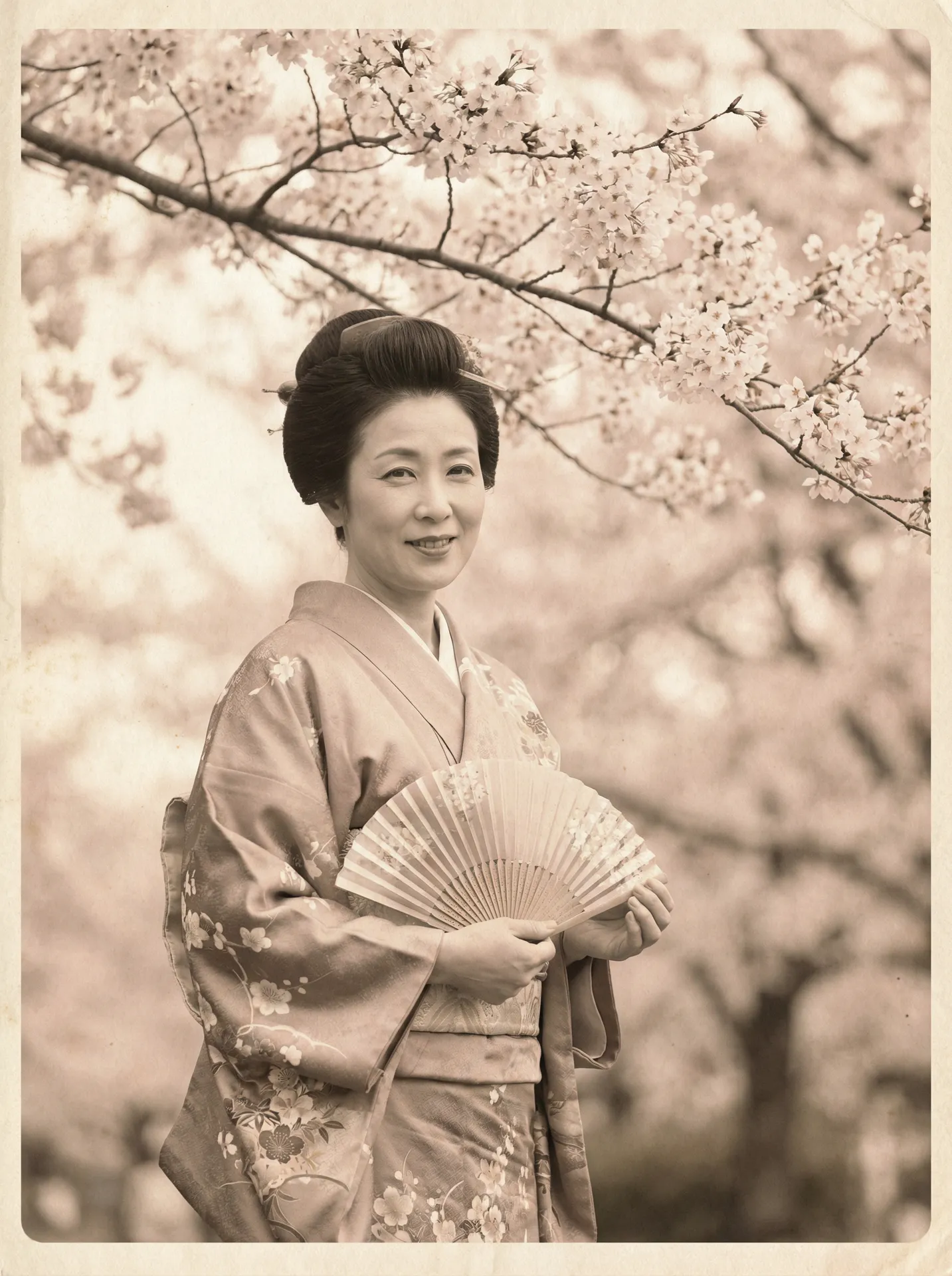 一位持扇的优雅 夏晴子 在樱花树下的复古写真